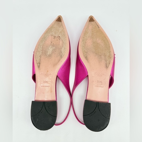 Prada Fuschia Pink Saffiano Leather Bow logo embellished slingback ballet flats - Picture 6 of 8